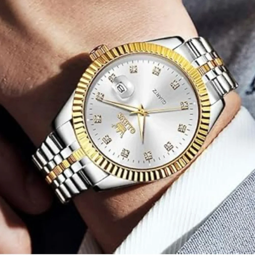 NWT NIB OLEVS Two Toned Silver and Gold Men's Quartz Watch